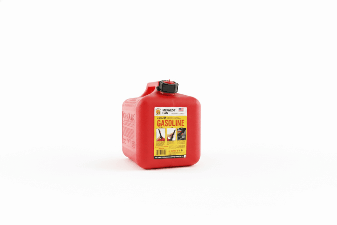Red gasoline container with a yellow label on white background.