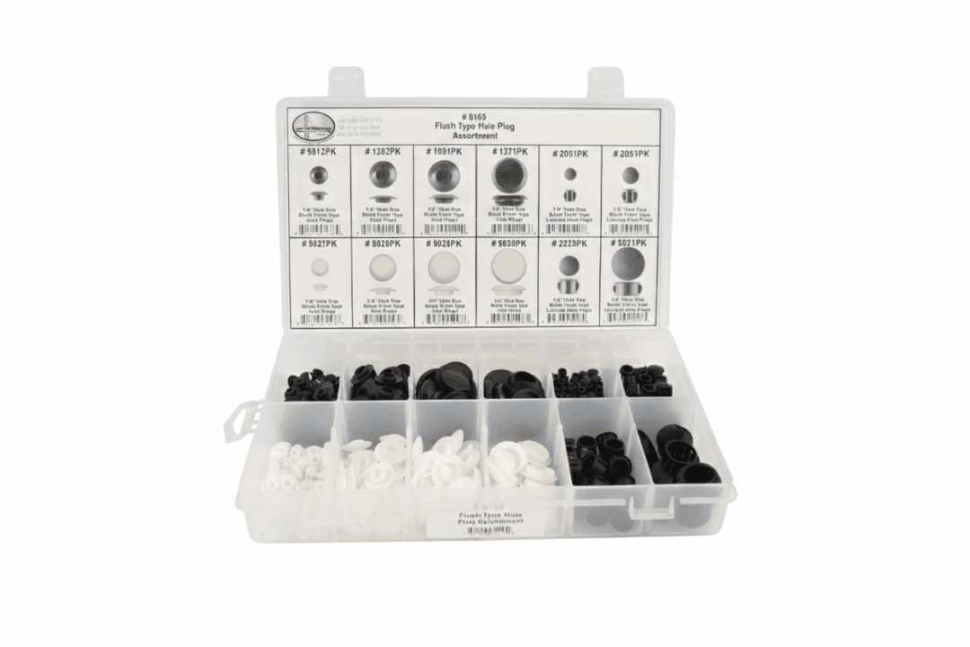 A plastic organizer box with assorted black and white fasteners.