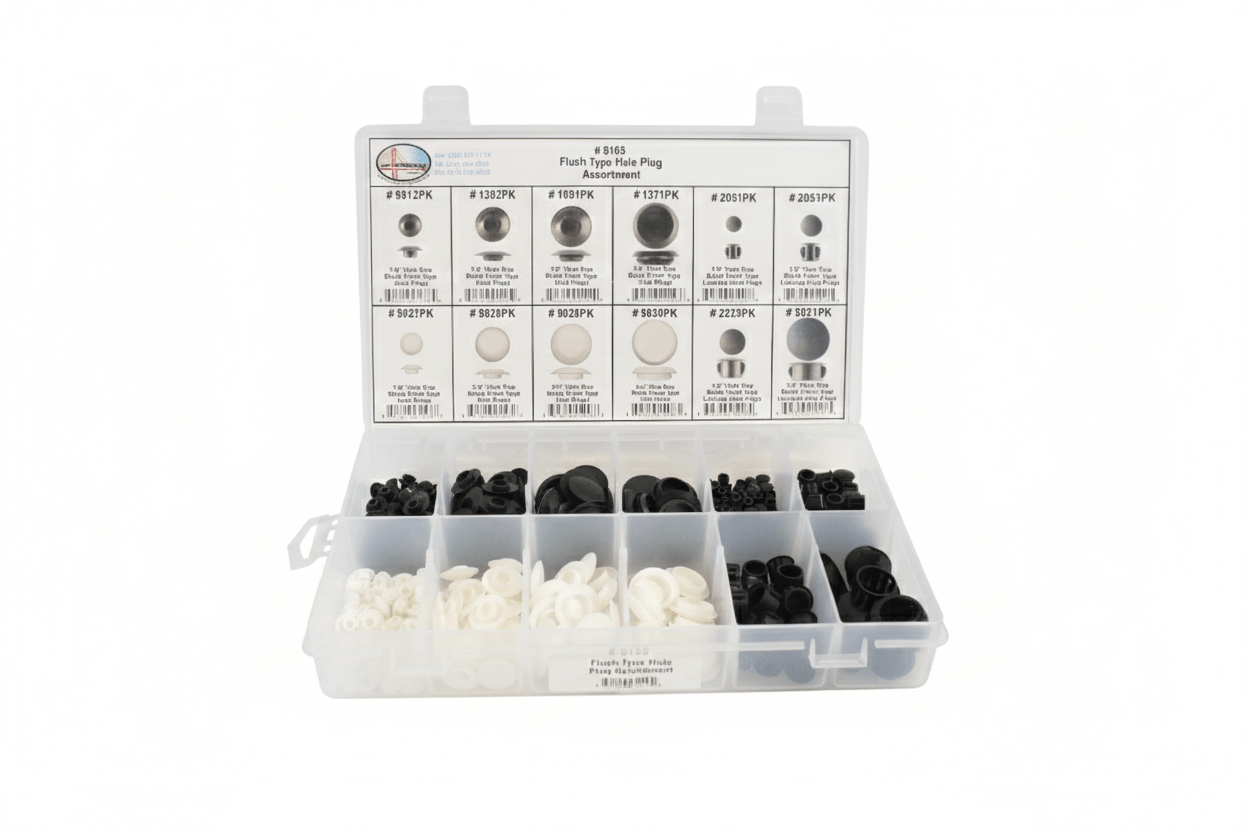A plastic organizer box with assorted black and white fasteners.