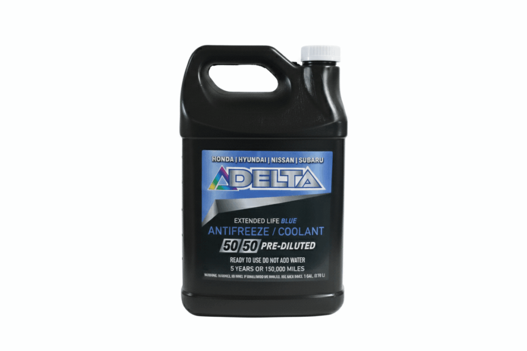 A black container of Delta Antifreeze/Coolant for vehicles.