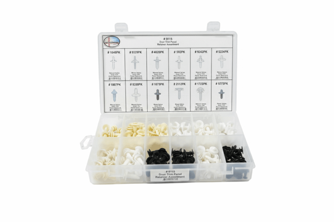 Plastic wall anchors and screws set in a compartmentalized organizer box.
