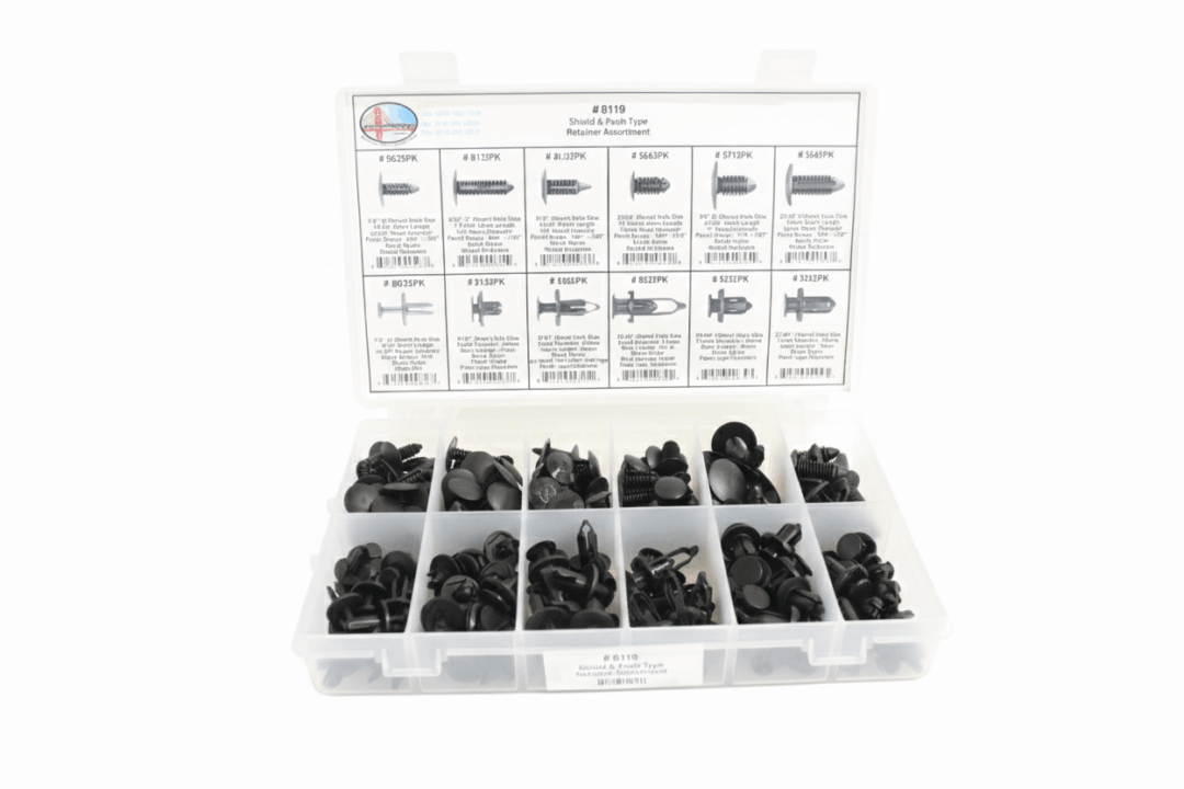 A plastic organizer box with various black automotive fasteners.