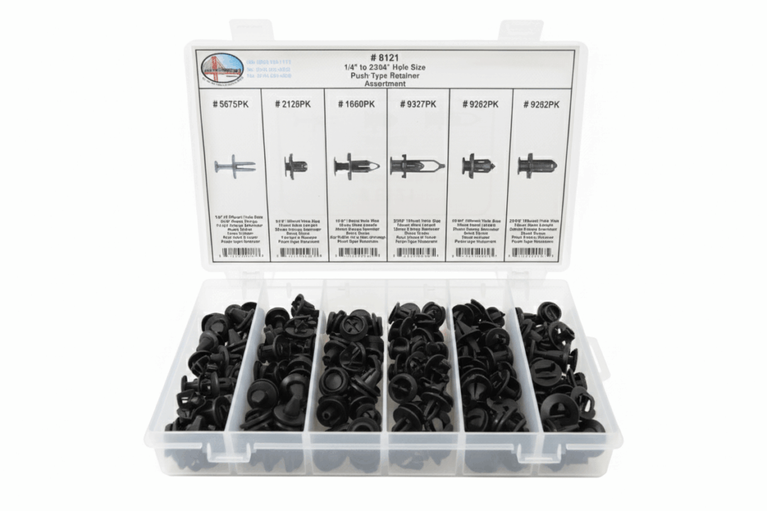 Plastic rivets organizer box with various sizes for automotive use.