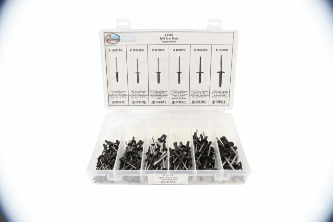 A plastic organizer box with assorted black screws in various sizes.
