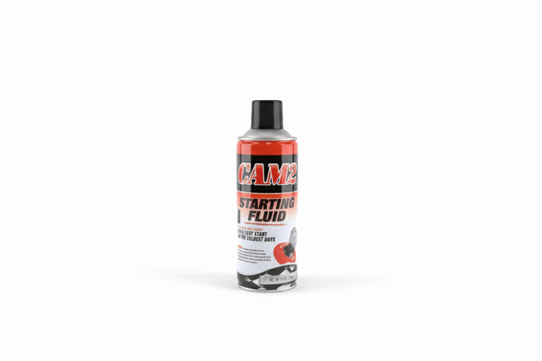 A bottle of Max Starter Fluid for engines with a red and black label.