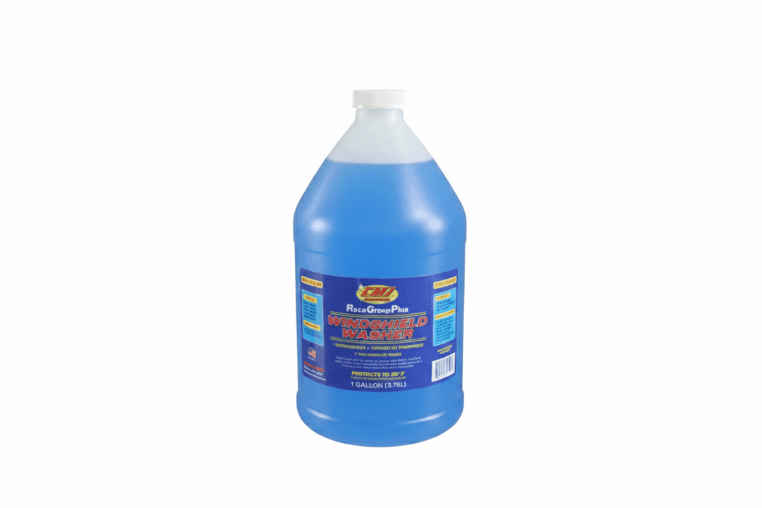A gallon jug of blue windshield washer fluid.
