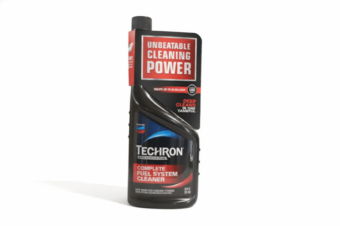 Bottle of Techron Concentrate Fuel System Cleaner for vehicles.