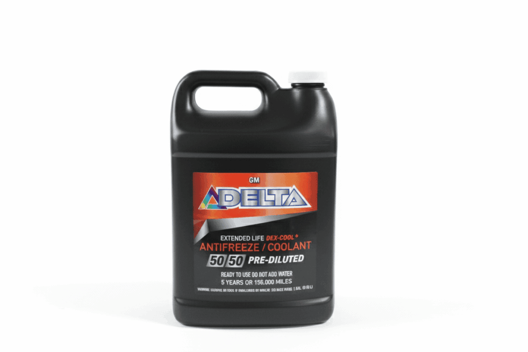 A black container of Delta antifreeze coolant for vehicles.