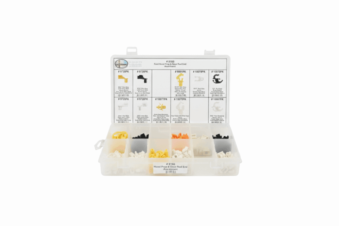 Organized box with assorted wall anchors and screws in compartments.