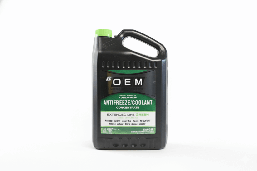 A black container of OEM antifreeze coolant with green labeling.