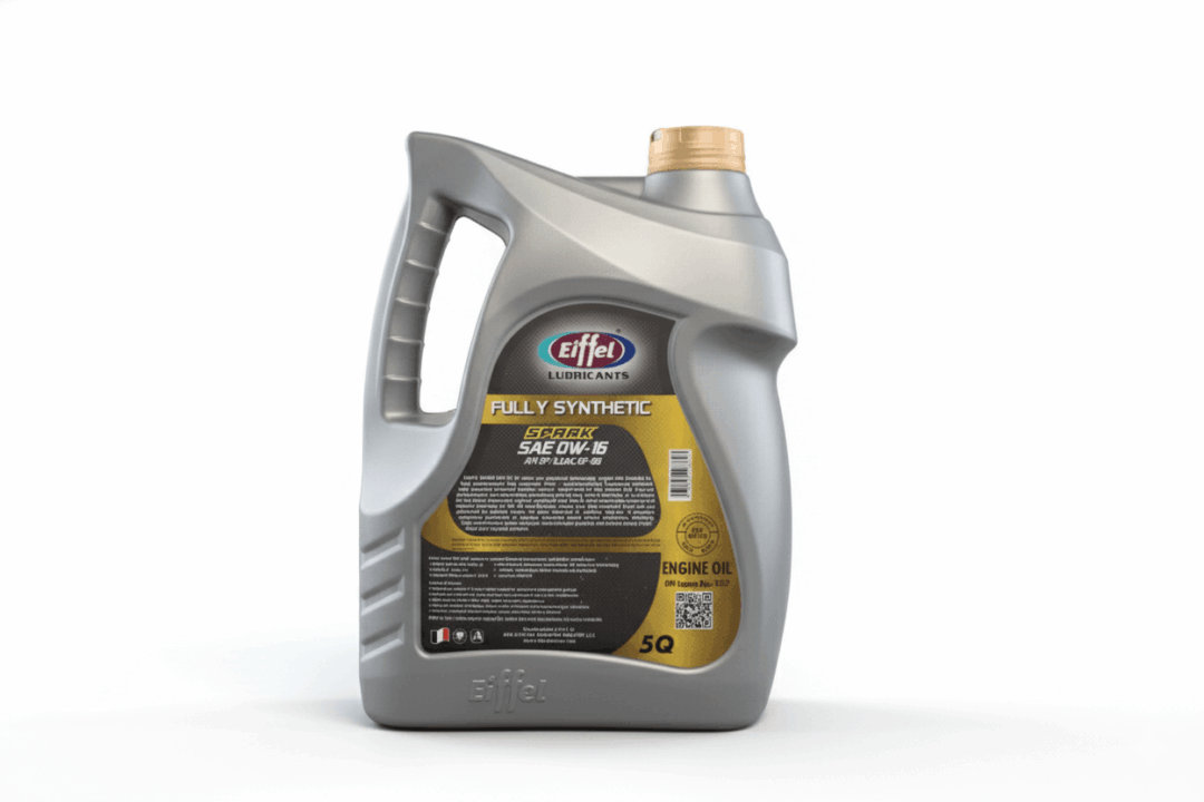 A gray container of synthetic motor oil with a handle and label.