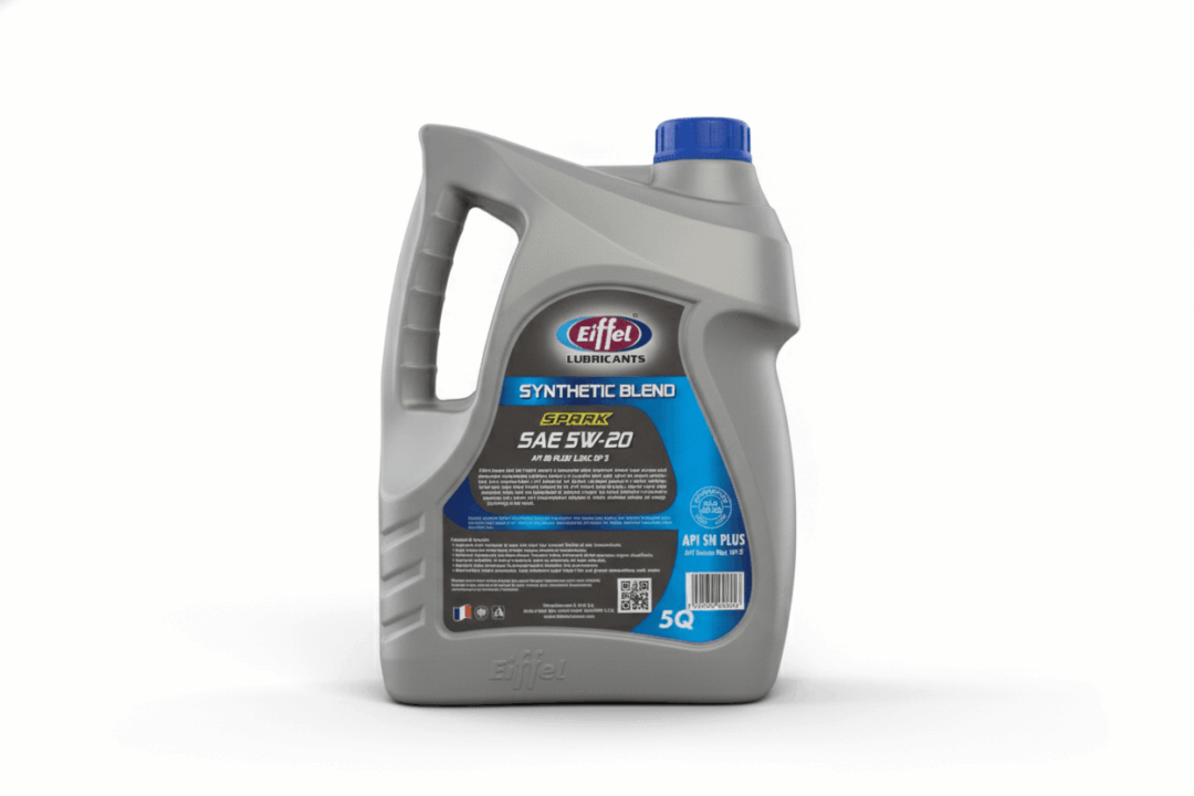 A gray container of synthetic blend motor oil with a blue cap.