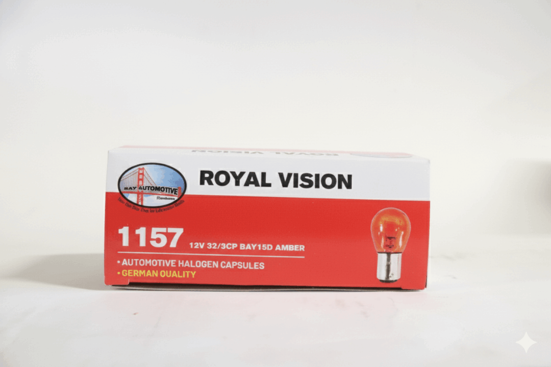 Box of Royal Vision 1157 automotive light bulbs.