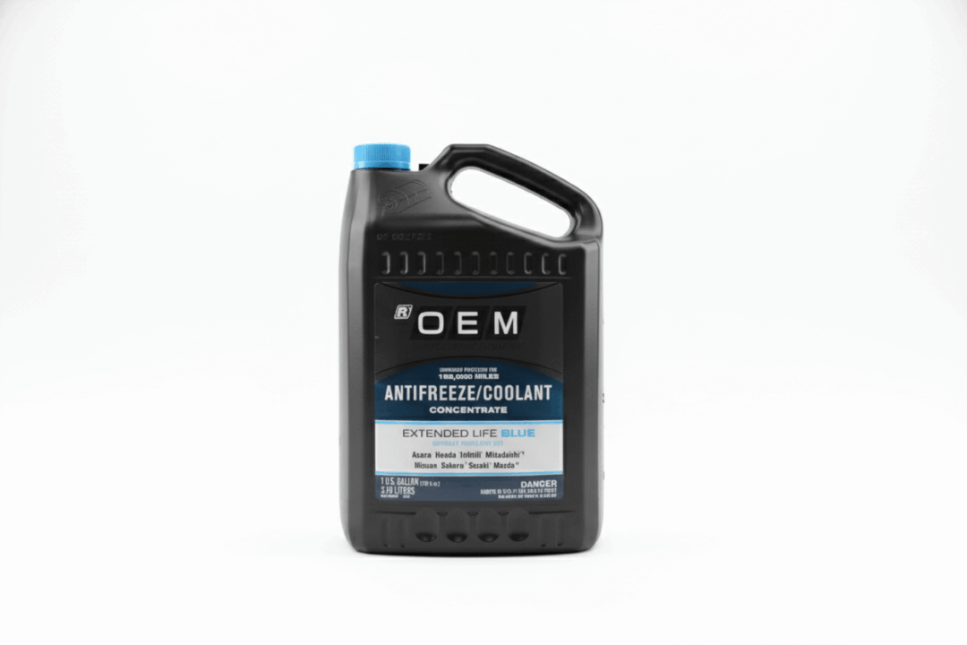Container of OEM antifreeze coolant with blue cap and handle.