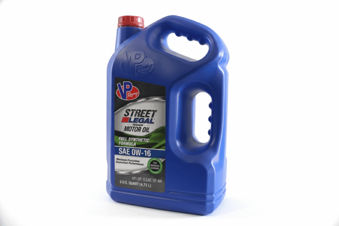 Blue motor oil container with label