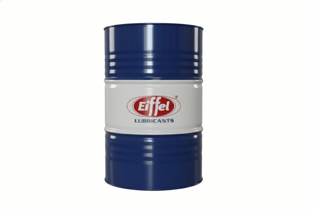 Blue and white oil drum labeled 'Eiffel Lubricants'.