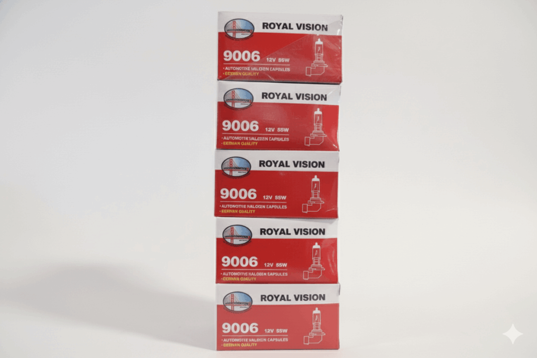 Stack of Royal Vision 9006 headlight bulb boxes.