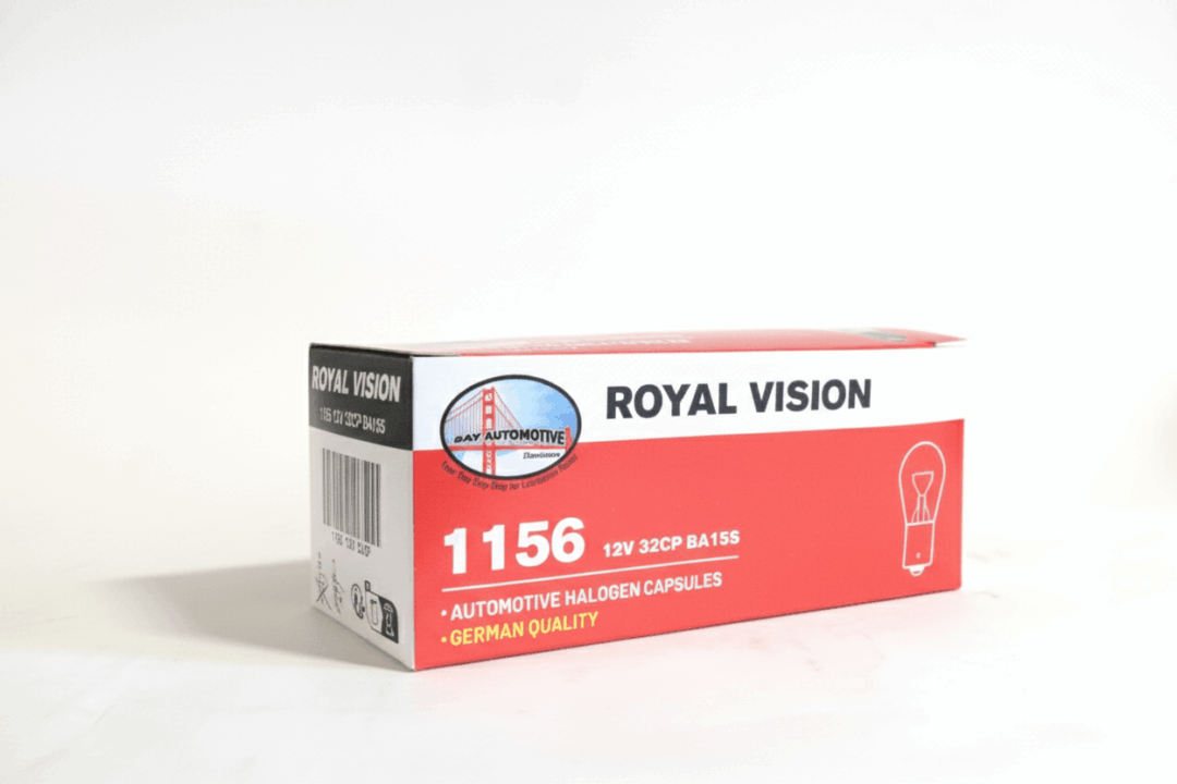 Box of Royal Vision 1156 automotive replacement lamps.