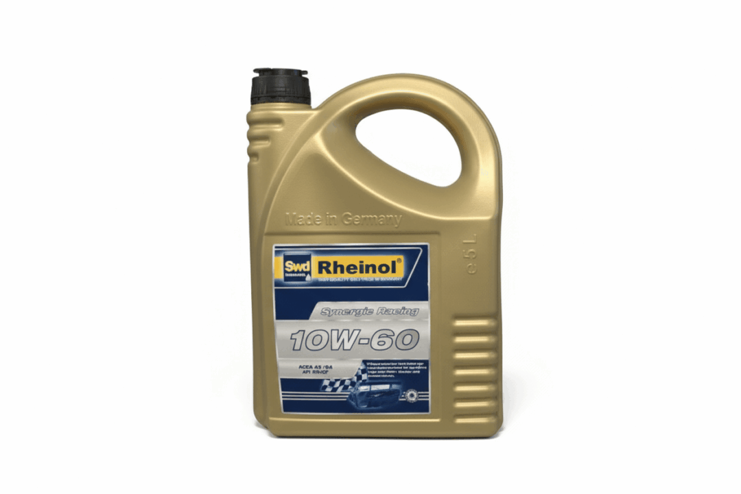 Engine oil container with label
