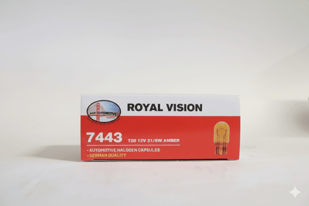 Box of Royal Vision 7443 12V 21W lamp bulbs for automotive use.