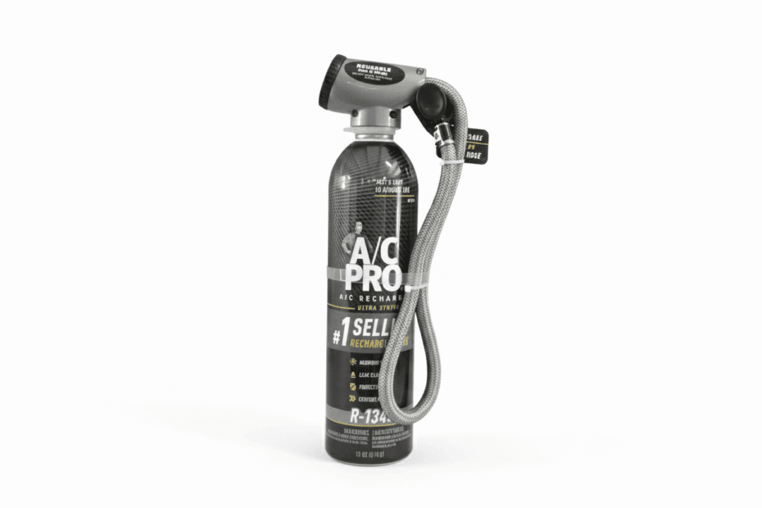 A black fire extinguisher with a hose and nozzle attached.