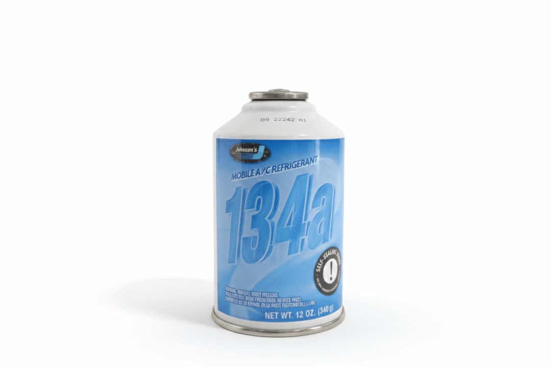A canister of refrigerant gas R-134a with a blue design.