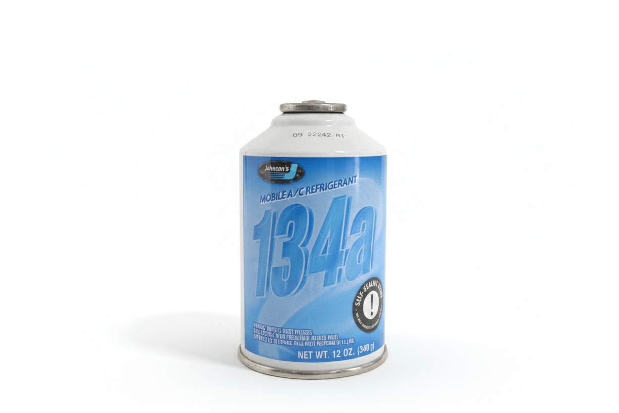 A canister of refrigerant gas R-134a with a blue design.