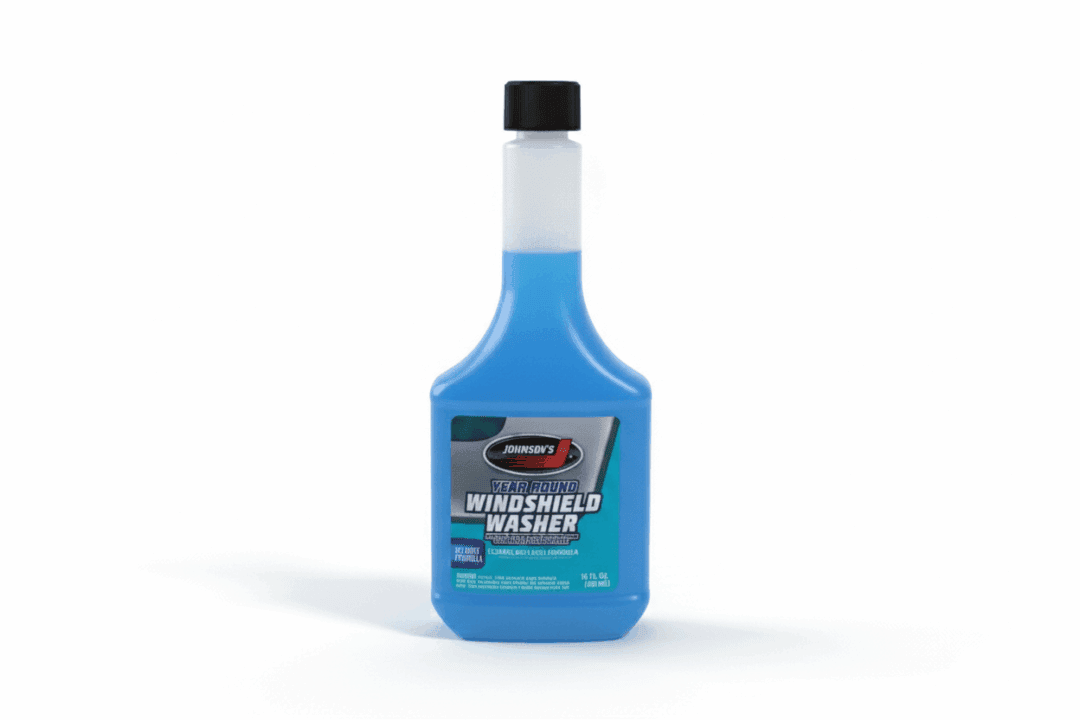 A blue windshield washer fluid bottle with a black cap.
