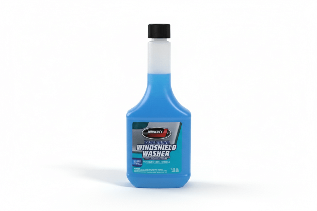 A blue windshield washer fluid bottle with a black cap.