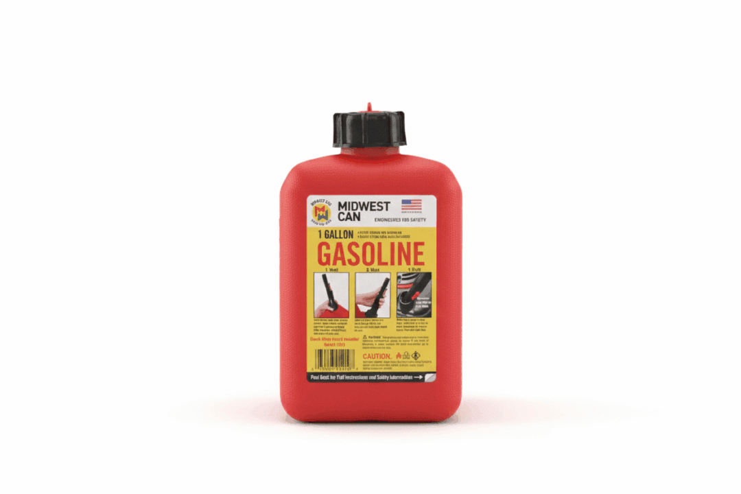 Red gasoline can with a yellow label and black cap.