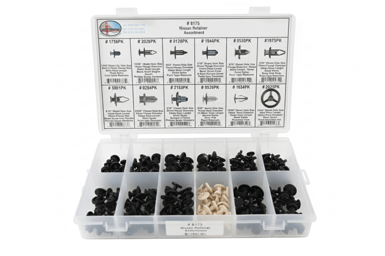 Plastic fasteners and clips organized in a compartmentalized box.