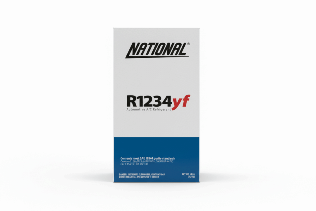 Box of National R1234yf refrigerant gas for automotive air conditioning.