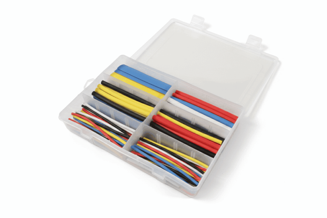 Organized box of assorted heat shrink tubing in various colors and sizes.