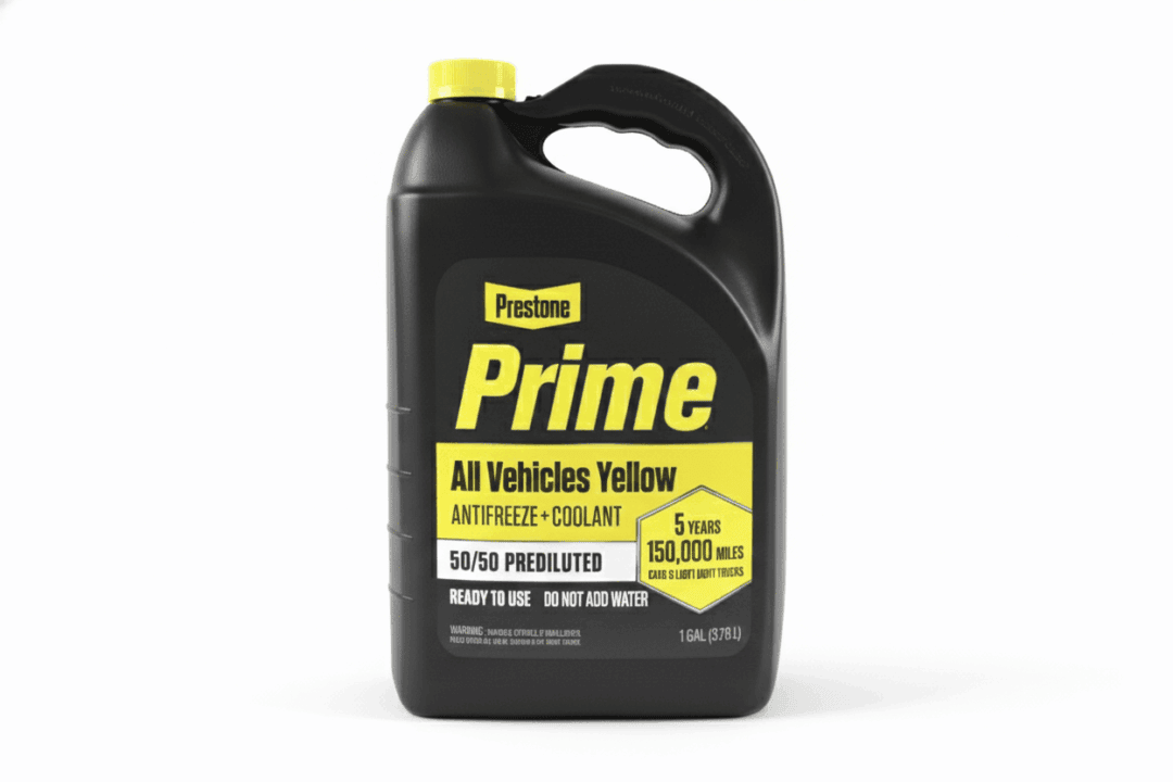 A large black container of Penetone Prime All Vehicles Yellow anti-freeze coolant.