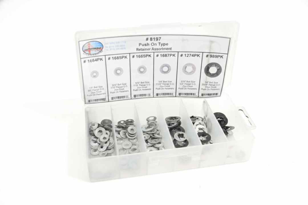 Plastic organizer box with various sizes of metal washers.