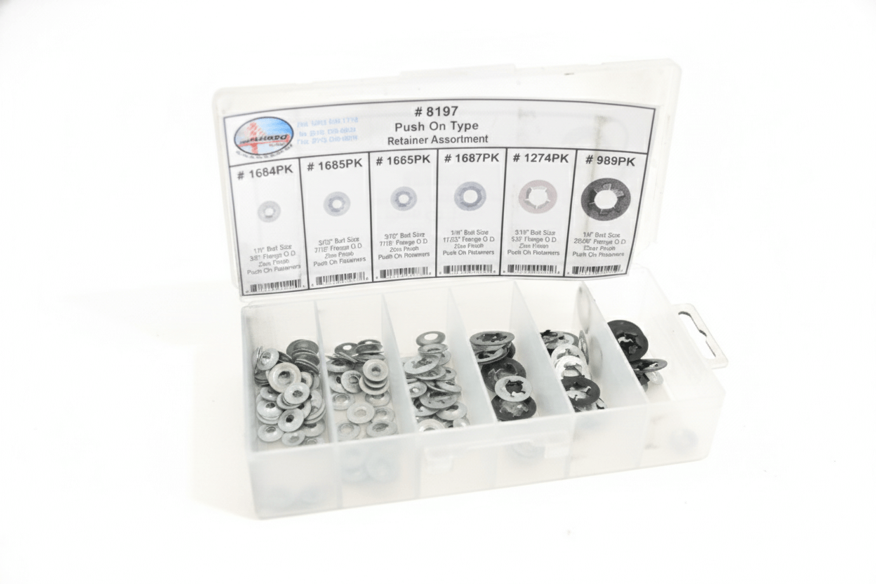 Plastic organizer box with various sizes of metal washers.