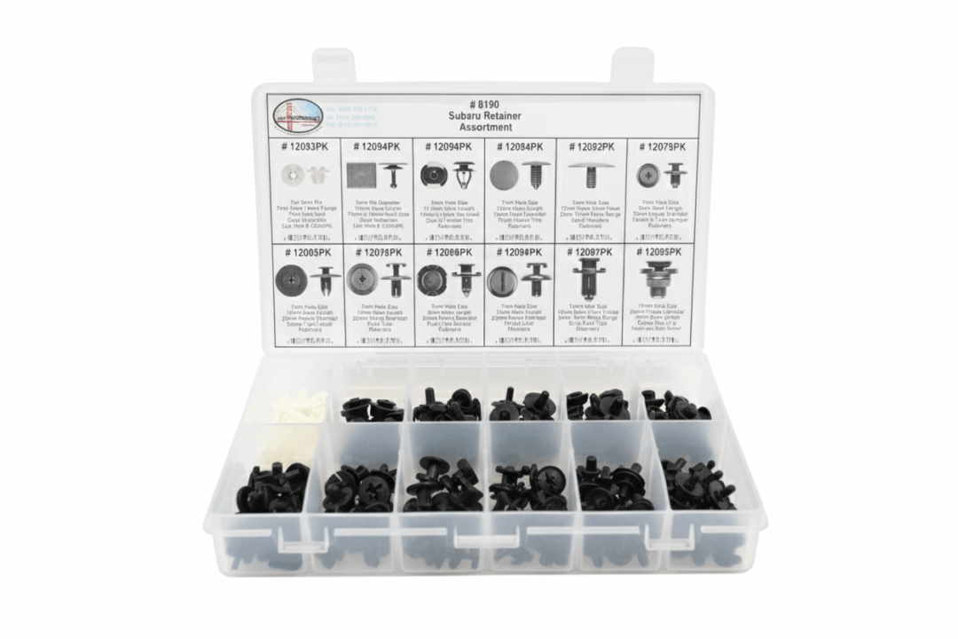 Plastic rivet fasteners assortment kit in a compartment box.