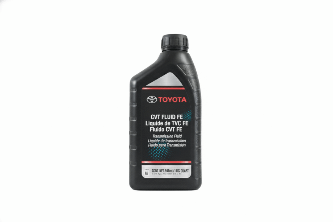 A bottle of Toyota CVT fluid FE for automatic transmissions.