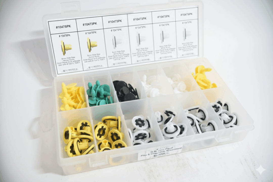 Plastic fasteners and clips organized in a compartment box with labels.
