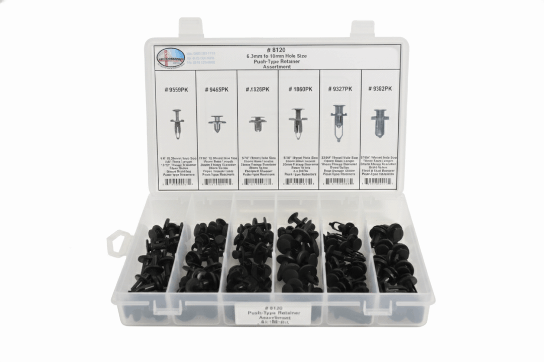 Plastic rivet fastener assortment kit organized in a divided case.
