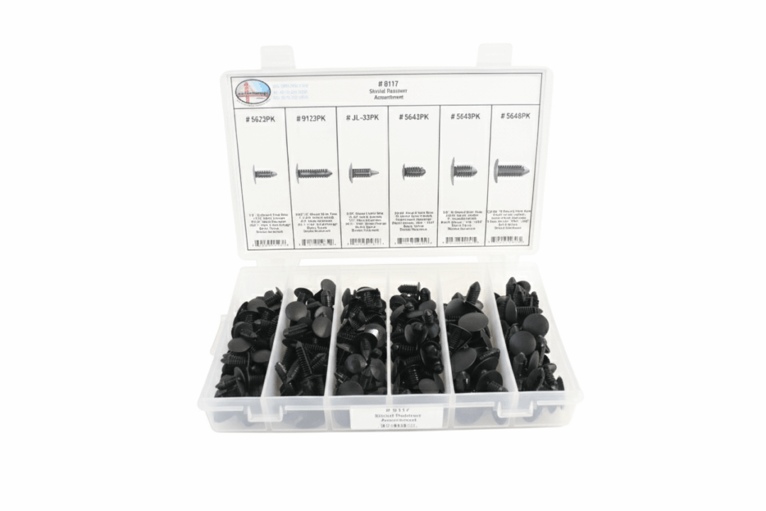 Plastic automotive fasteners in a compartmentalized storage box.