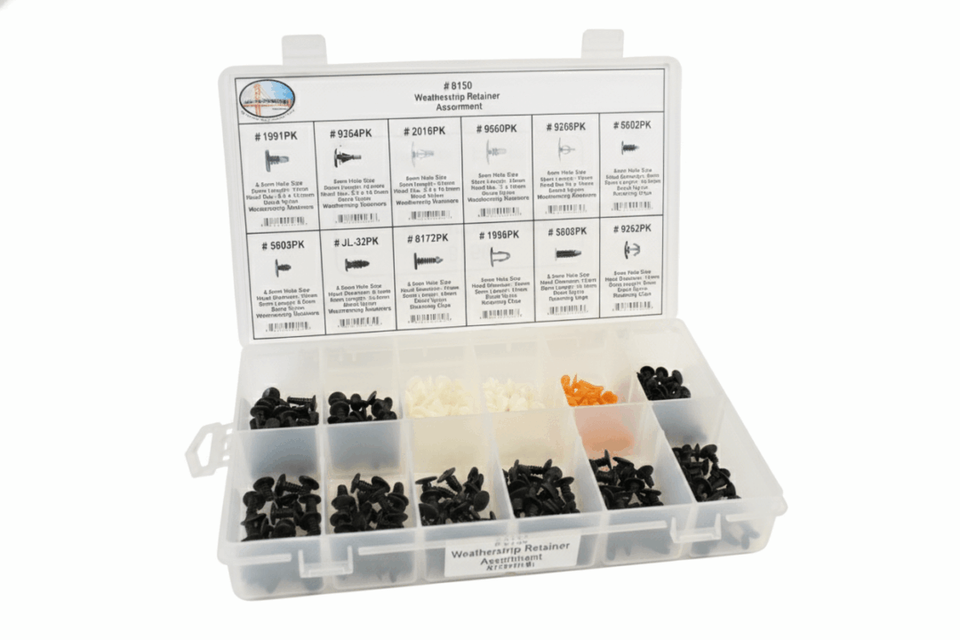 Plastic push-type fastener clips assortment in a compartmentalized case.