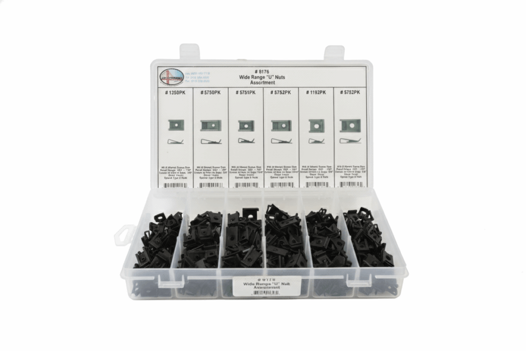 Plastic organizer box with multiple compartments of black screws.