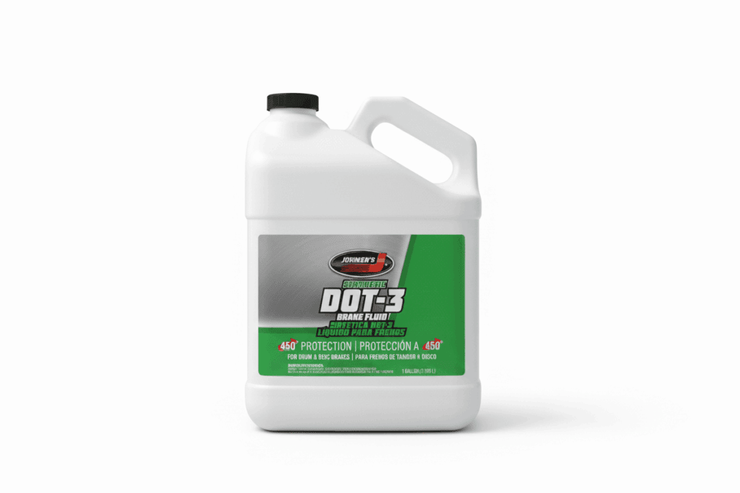 A gallon container of DOT-3 brake fluid with a green label.