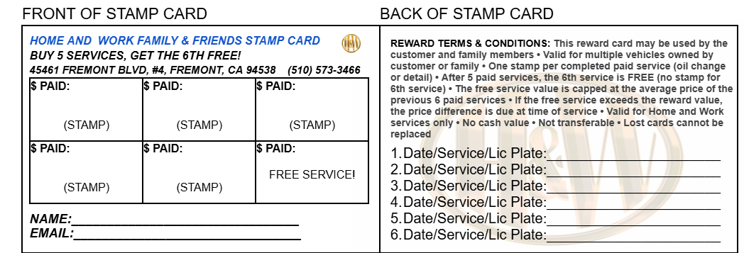 Back of a restaurant stamp card showing free service rewards and stamp instructions.